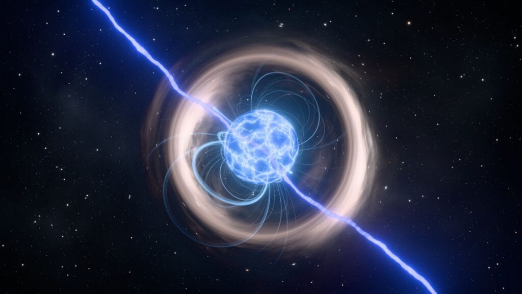 Illustration of a glowing blue magnetar or neutron star with a powerful energy beam diagonally cutting through strong magnetic field lines in deep space.